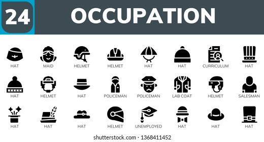 occupation icon set. 24 filled occupation icons.  Simple modern icons about  - Hat, Maid, Helmet, Curriculum, Policeman, Lab coat, Salesman, Unemployed