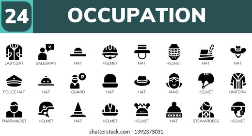 occupation icon set. 24 filled occupation icons.  Simple modern icons about  - Lab coat, Salesman, Hat, Helmet, Police hat, Guard, Maid, Uniform, Pharmacist, Stewardess