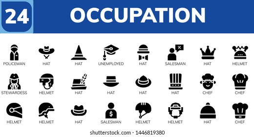 Occupation Icon Set. 24 Filled Occupation Icons.  Simple Modern Icons About  - Policeman, Hat, Unemployed, Salesman, Helmet, Stewardess, Chef