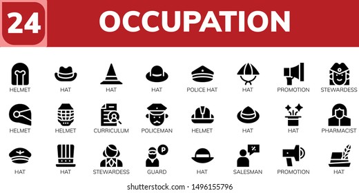 occupation icon set. 24 filled occupation icons.  Collection Of - Helmet, Hat, Police hat, Promotion, Stewardess, Curriculum, Policeman, Pharmacist, Guard, Salesman