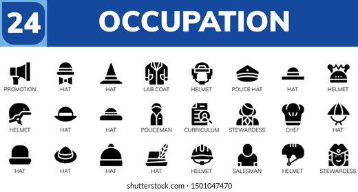 occupation icon set. 24 filled occupation icons.  Simple modern icons about  - Promotion, Hat, Lab coat, Helmet, Police hat, Policeman, Curriculum, Stewardess, Chef, Salesman