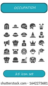 Occupation Icon Set. 25 Filled Occupation Icons.  Simple Modern Icons Such As: Helmet, Hat, Pharmacist, Promotion, Chef, Salesman, Uniform, Unemployed, Lab Coat