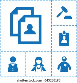 Occupation icon. set of 6 occupation filled icons such as maid, resume, doctor with medical reflector, clipboard, auction