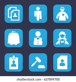 Occupation icon. set of 9 filled occupation icons such as hairdresser peignoir, maid, resume, doctor with medical reflector, clipboard, auction, waiter