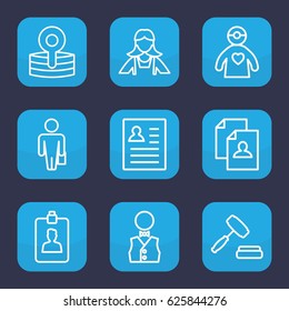 Occupation icon. set of 9 outline occupation icons such as maid, resume, medical reflector, doctor with medical reflector, clipboard, auction, waiter