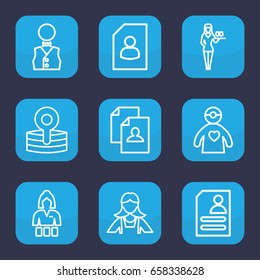 Occupation icon. set of 9 outline occupation icons such as casino girl, maid, resume, medical reflector, doctor with medical reflector