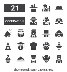 occupation icon set. Collection of 21 filled occupation icons included Policeman, Hat, Helmet, Curriculum, Chef hat, Barman, Promotion, Clerk, Salesman