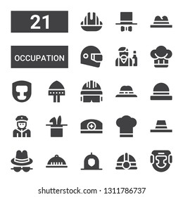 occupation icon set. Collection of 21 filled occupation icons included Headgear, Helmet, Hat, Chef hat, Pharmacist, Policeman, Barman