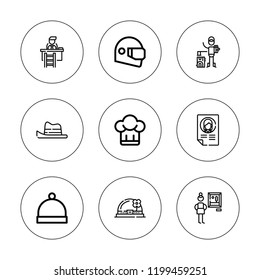 Occupation icon set. collection of 9 outline occupation icons with appreciation, curriculum, hat, job promotion, helmet icons. editable icons.