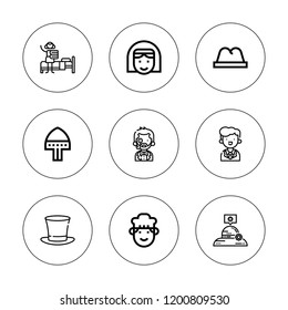 Occupation icon set. collection of 9 outline occupation icons with butler, chef, hat, helmet, maid, nun icons. editable icons.