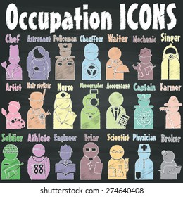 Occupation icons  drawn with chalk on a blackboard. In the form of vector