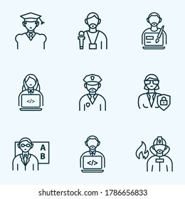Occupation icons line style set with programmer woman, designer, journalist and other coder elements. Isolated vector illustration occupation icons.