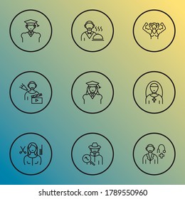 Occupation icons line style set with graduate, bodybuilder woman, waiter and other servant elements. Isolated vector illustration occupation icons.