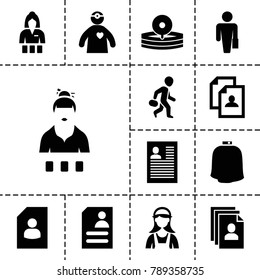 Occupation icons. set of 13 editable filled occupation icons such as casino girl, resume, man with case, medical reflector, doctor with medical reflector, hairdresser peignoir