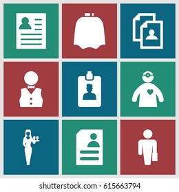 Occupation icons set. set of 9 occupation filled icons such as hairdresser peignoir, Casino girl, resume, doctor with medical reflector, clipboard, waiter