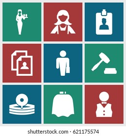 Occupation icons set. set of 9 occupation filled icons such as hairdresser peignoir, Casino girl, maid, resume, medical reflector, clipboard, auction, waiter