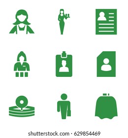 Occupation icons set. set of 9 occupation filled icons such as hairdresser peignoir, casino girl, maid, medical reflector, clipboard, resume
