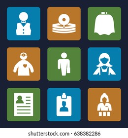 Occupation icons set. set of 9 occupation filled icons such as hairdresser peignoir, casino girl, maid, medical reflector, doctor with medical reflector, clipboard, waiter