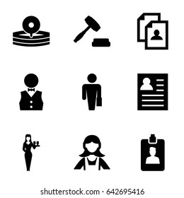 Occupation icons set. set of 9 occupation filled icons such as casino girl, maid, resume, medical reflector, clipboard, auction, waiter