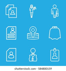 occupation icons set. Set of 9 occupation outline icons such as hairdresser peignoir, Casino girl, resume, medical reflector, clipboard, waiter