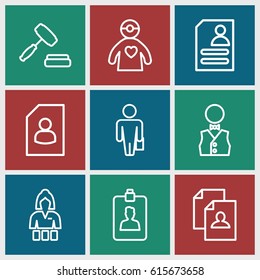 Occupation icons set. set of 9 occupation outline icons such as Casino girl, resume, doctor with medical reflector, clipboard, auction, waiter