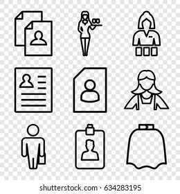 Occupation icons set. set of 9 occupation outline icons such as hairdresser peignoir, casino girl, maid, resume, clipboard