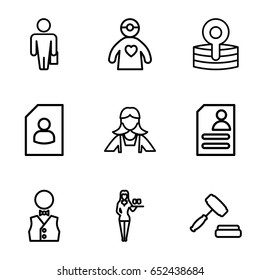 Occupation icons set. set of 9 occupation outline icons such as casino girl, maid, resume, medical reflector, doctor with medical reflector, auction, waiter