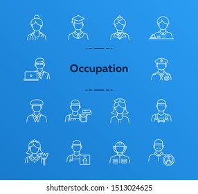 Occupation icons. Set of line icons on white background. Painter, officer, nurse. Profession concept. Vector illustration can be used for topics like career, skill, service