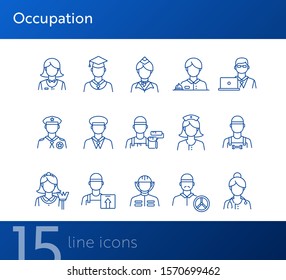 Occupation icons. Set of line icons on white background. Painter, officer, nurse. Profession concept. Vector illustration can be used for topics like career, skill, service