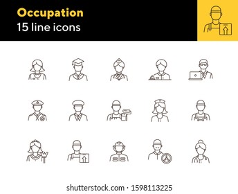 Occupation icons. Set of line icons on white background. Painter, officer, nurse. Profession concept. Vector illustration can be used for topics like career, skill, service
