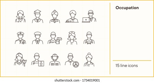 Occupation icons. Set of line icons on white background. Painter, officer, nurse. Profession concept. Vector illustration can be used for topics like career, skill, service