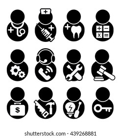 occupation icons set, occupation icons symbol vector, doctor, nurse, dentist, accountant, engineer, call center, technician, Lawyer, financier, attorney, Investor,carpenter, electrician, Locksmith