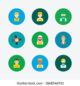 Besetzte Symbole. Teamwork- und Berufssymbole mit weißem Arbeiter, Computerprogrammierer und Arzt. Set von Grün für Web-App-Logo-UI-Design.