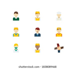 Occupation icons set. White worker and occupation icons with nurse, male worker and teamwork. Set of corporate for web app logo UI design.