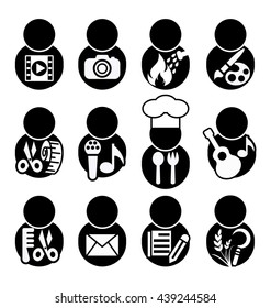 occupation icons, occupation symbol vector illustration, Photographers Video, photographer, Firefighters, Artist, barber, singer, chef, musician, Tailor, seamstress, postman, Writer, 
