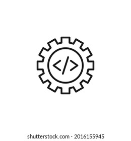 Occupation and industry concept. Profession of developer. Line icon of symbols for coding inside gear with teeth 
