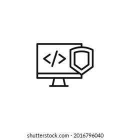 Occupation and industry concept. Profession of developer. Line icon of symbols of coding and armor 