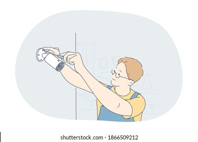 Occupation, job, manual worker concept. Man professional worker repairman in working uniform cartoon character fixing surveillance camera with screwdriver. Job, specialist working sphere illustration 