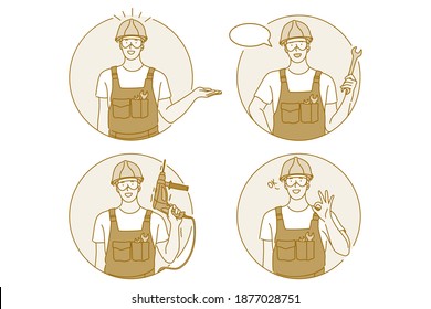 Occupation, job, manual worker concept. Man professional worker repairman in working uniform cartoon character holding wrench and drill in hand and showing thumb up sign with hands 