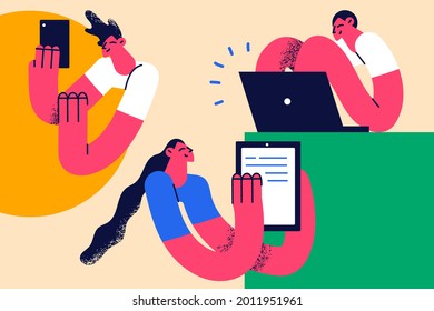 Occupation, job and work concept. Young people Employees doing work tasks, writing reports, presenting corporate business project together as team vector illustration