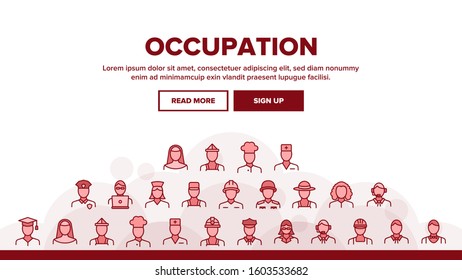 Occupation Landing Web Page Header Banner Template Vector. Policeman And Doctor, Teacher And Nurse, Builder And Military, Occupation Illustration