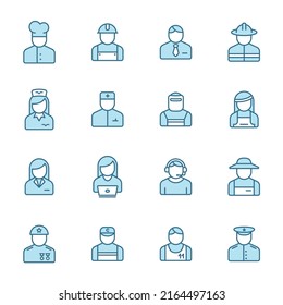 occupation line filled icons in two colors isolated on white background. occupation blue icon set for web design, ui, mobile apps, print polygraphy and promo business