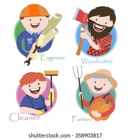 Occupation , lumberjack , an engineer, a cleaner , a farmer , vector graphics