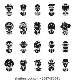 Occupation profession character icon set. Various job roles and career avatars. Worker and uniform vector illustration. Industry and employment concept. Specialist and personnel representation.