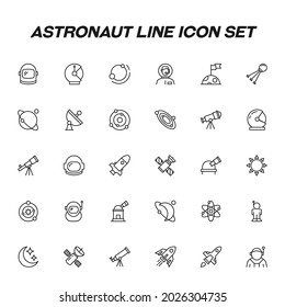 Occupation and profession concept. High quality outline symbol for web design or mobile app. Astronaut line icon set including icons of planets and stars of Solar system with astronaut and telescopes 