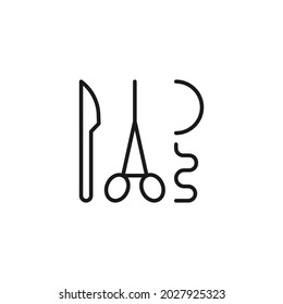 Occupation and profession concept. High quality outline symbol for web design or mobile app. Line icon of surgical threads with scalpel and surgical scissors 