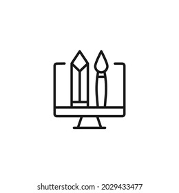 El concepto de ocupación y profesión. Símbolo de esquema de alta calidad para diseño web o aplicación móvil. Icono de línea del pincel y dolor en la pantalla del ordenador 
