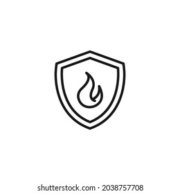 Occupation and profession of fireman concept. Modern outline high quality illustration for banners, flyers and web sites. Editable stroke in trendy flat style. Line icon of flame inside armor sign 