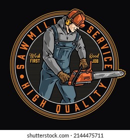 Occupation Round Colorful Emblem With Sawmill Worker In Hardhat, Ear Protectors And Overalls Using Chainsaw, Vector Illustration