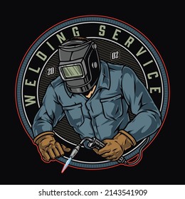 Occupation round colorful vintage badge with inscription, worker in welding mask and gloves using flaming torch, vector illustration